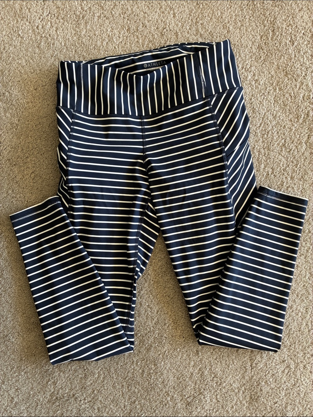 Athleta Navy and White Striped High-Rise Leggings